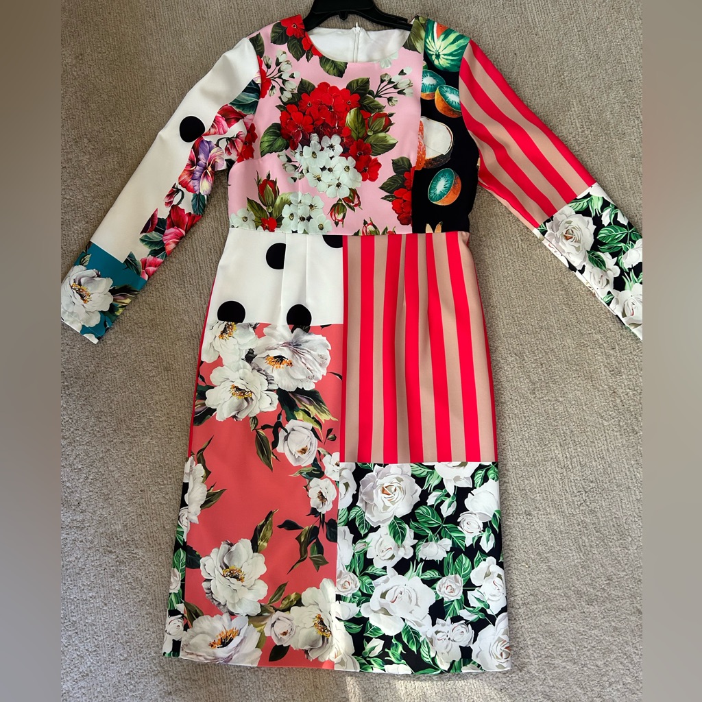 Patchwork Floral & Stripe Midi Dress In Pink
